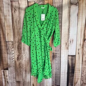 Ganni Dress Dainty Georgette Wrap Polka Dot Classic Green Size 42  Versatile